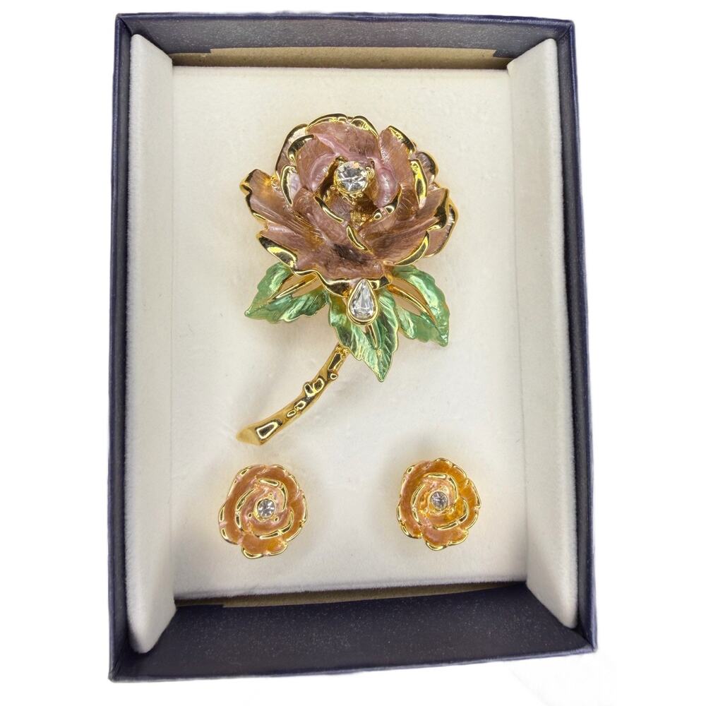 Graziano England Rose 1997 Gold Plated Enamel Crystal Rose Brooch Earring Set